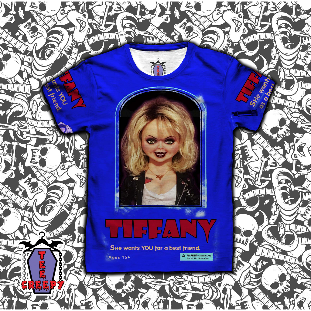 Camiseta t-shirt tiffany a noiva de chucky na caixa versão azul filme terror horror trash halloween