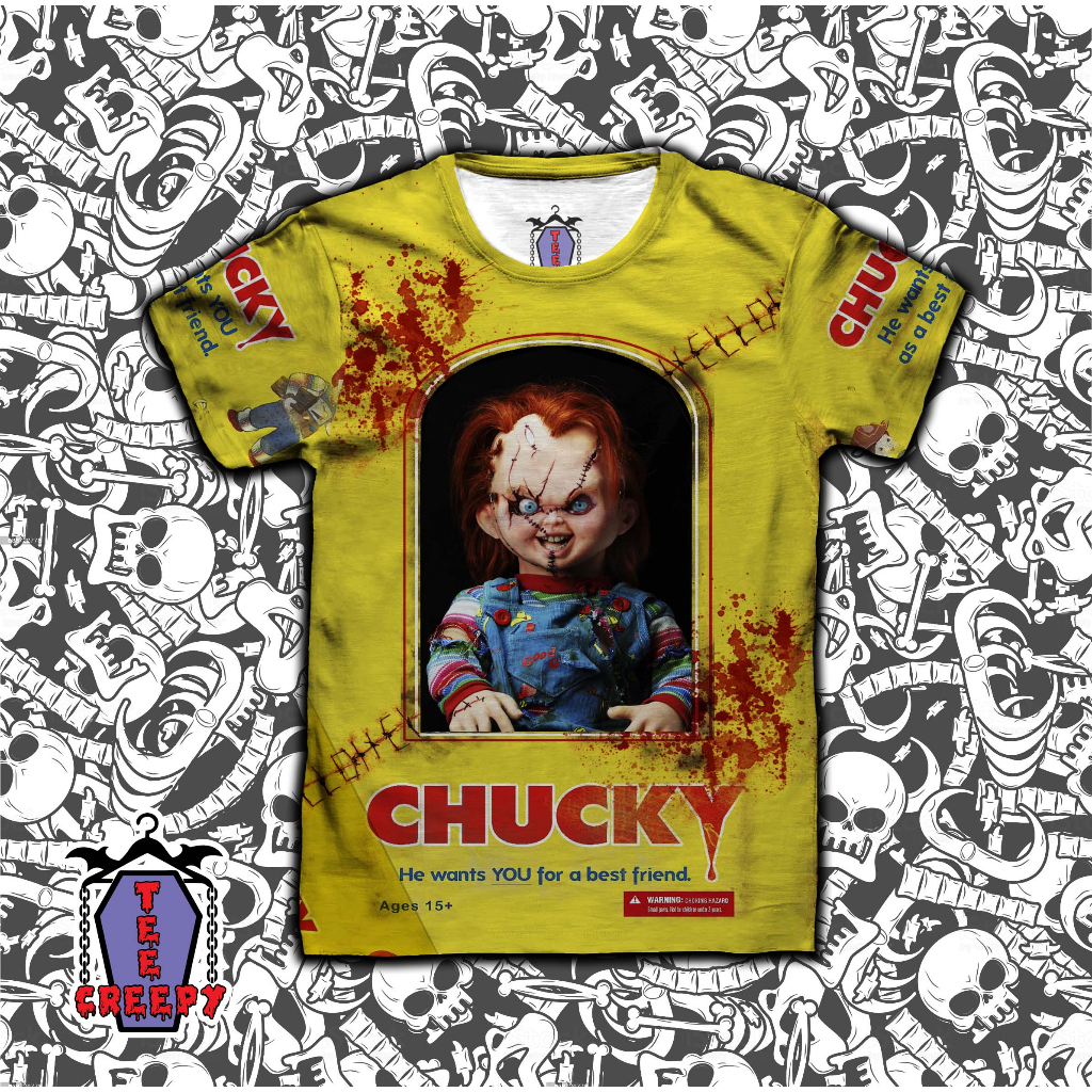 Camiseta t-shirt chucky brinquedo assassino costurado na caixa filme terror horror trash halloween