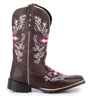 Bota Texana Feminina Country Bico Quadrado Em Couro Solado De Borracha Costurada Cruz Espelhada Rosa