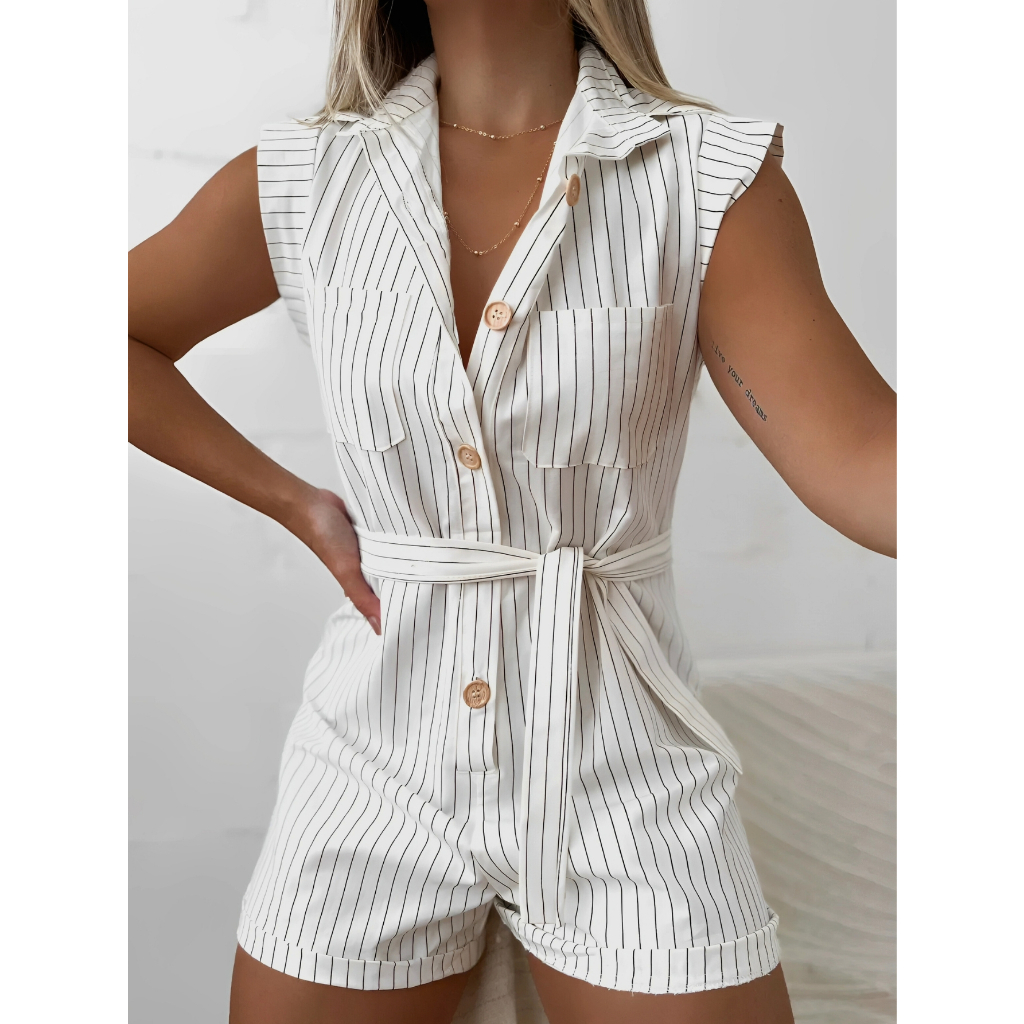 Macaquinho Risca de Giz Virginia Regatinha Feminino Listrado em Linho/ Curto Colarinho Cinto e Botões em Oferta na Shopee