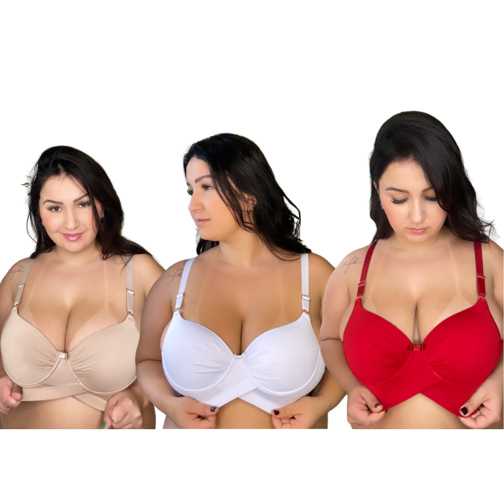 KIT 3 Sutiã Plus Size Com Bojo Cruzado Reforçado