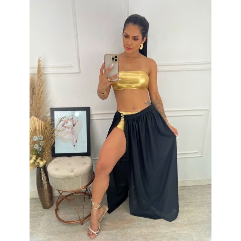 Saida de praia saia longa com fenda e botão em Oferta na Shopee