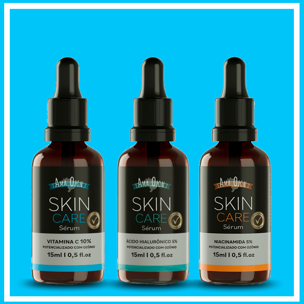 Kit Skin Care para o Rosto Vitamina C Acido Hialurônico Niacinamida Potencializada com Ozônio 3x15ml