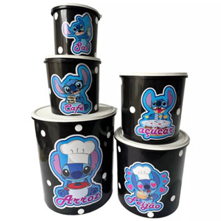 jogo de mantimento 5 peças adesivado do stitch, jogo de potes preto e branco lindos para sua casa