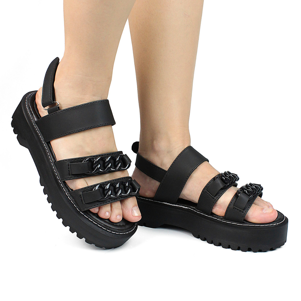 Sandália Feminina Madale Plataforma Tratorada Papete Corrente Preta Estilo Blogueira Moda Casual em Oferta na Shopee