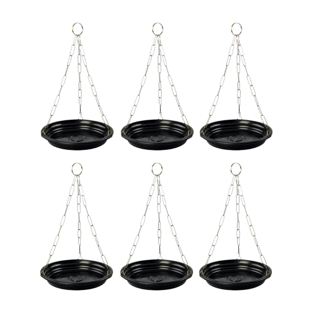 6 Kit Para Pendurar Vasos de Planta Pendente e Flor- Prato Redondo De Planta Preto 03 e Corrente De Aço Para Vaso 64cm