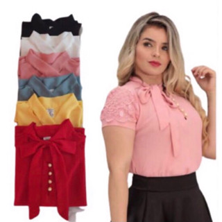 Blusa feminino social com 4 botão perola com laço M G GG