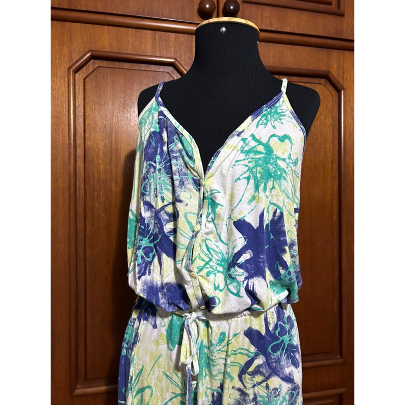 Macacão TAM M Malha Estampado Floral Macacão Longo Branco Verde Azul A