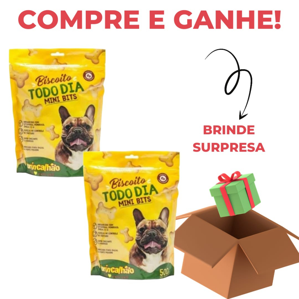 2 kit Biscoito para cachorro - Brincalhão Todo Dia Mini Bits - petiscos para pet 500g - SEM TRANSGÊNICOS com surpresa