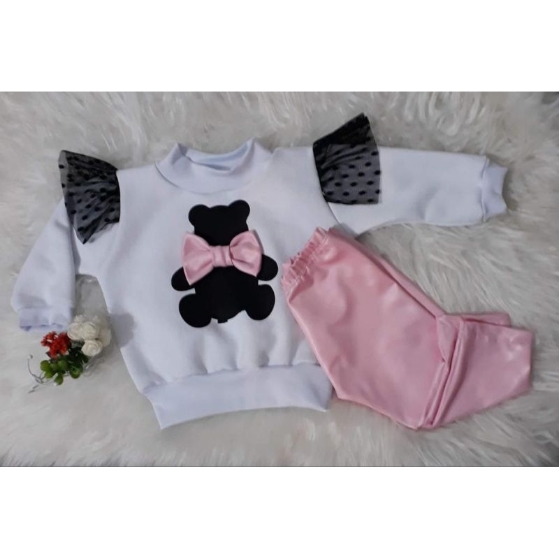 Conjunto Infantil Feminino Moletom Ursinho e Legging Rosa – Roupa de Inverno Menina Estilosa