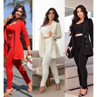 Conjunto 3 Três Peças Tipo Alfaiataria Calça Cropped Blazer Malha Crepe Conjunto Feminino Social Luxo