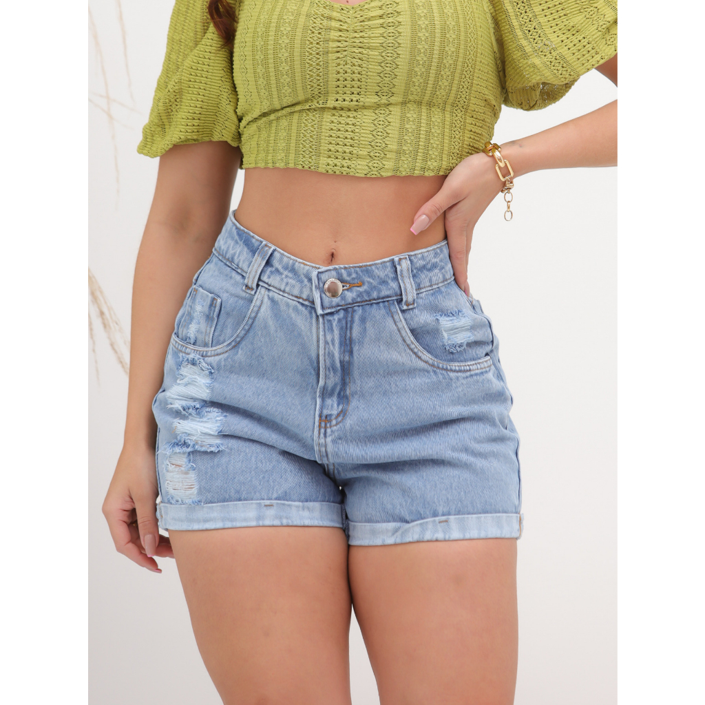 9018short Jeans feminina jeans casual  com rascada cintuta alta   9018