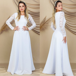 Vestido de Noiva simples para casamento Civil Manga Longa Rodado