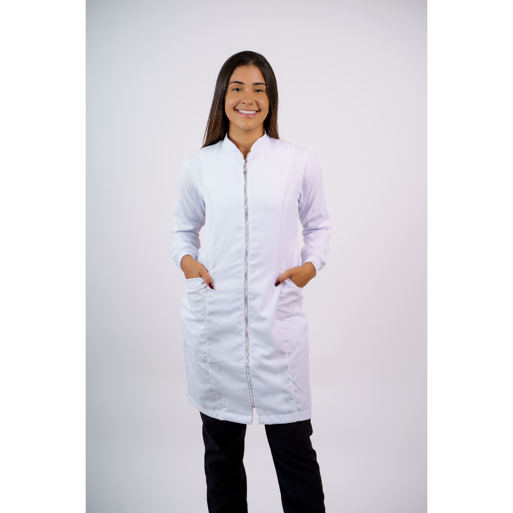 Jaleco Acinturado de Zíper em Gabardine Feminino Gola Padre em Oferta na Shopee
