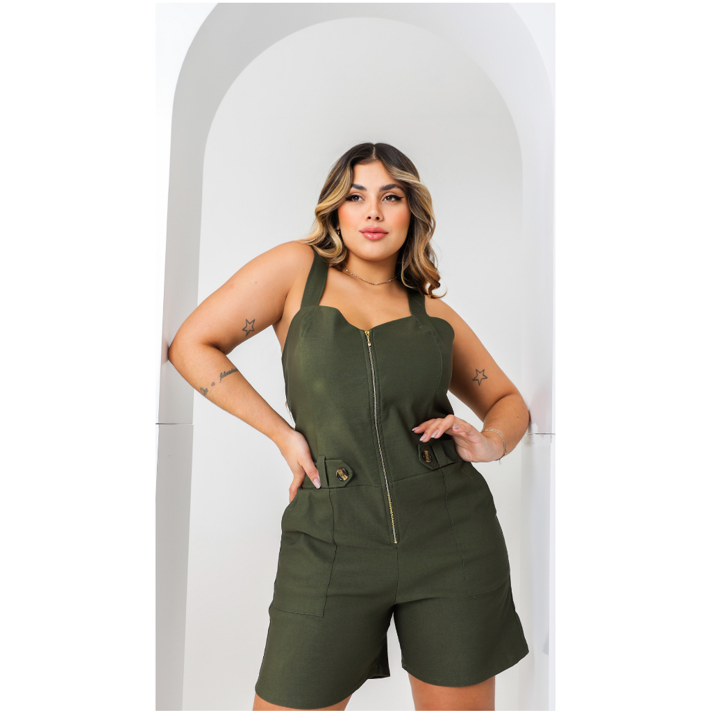 Macaquinho Short Plus Size Feminina Com Ziper Tecido Bengaline