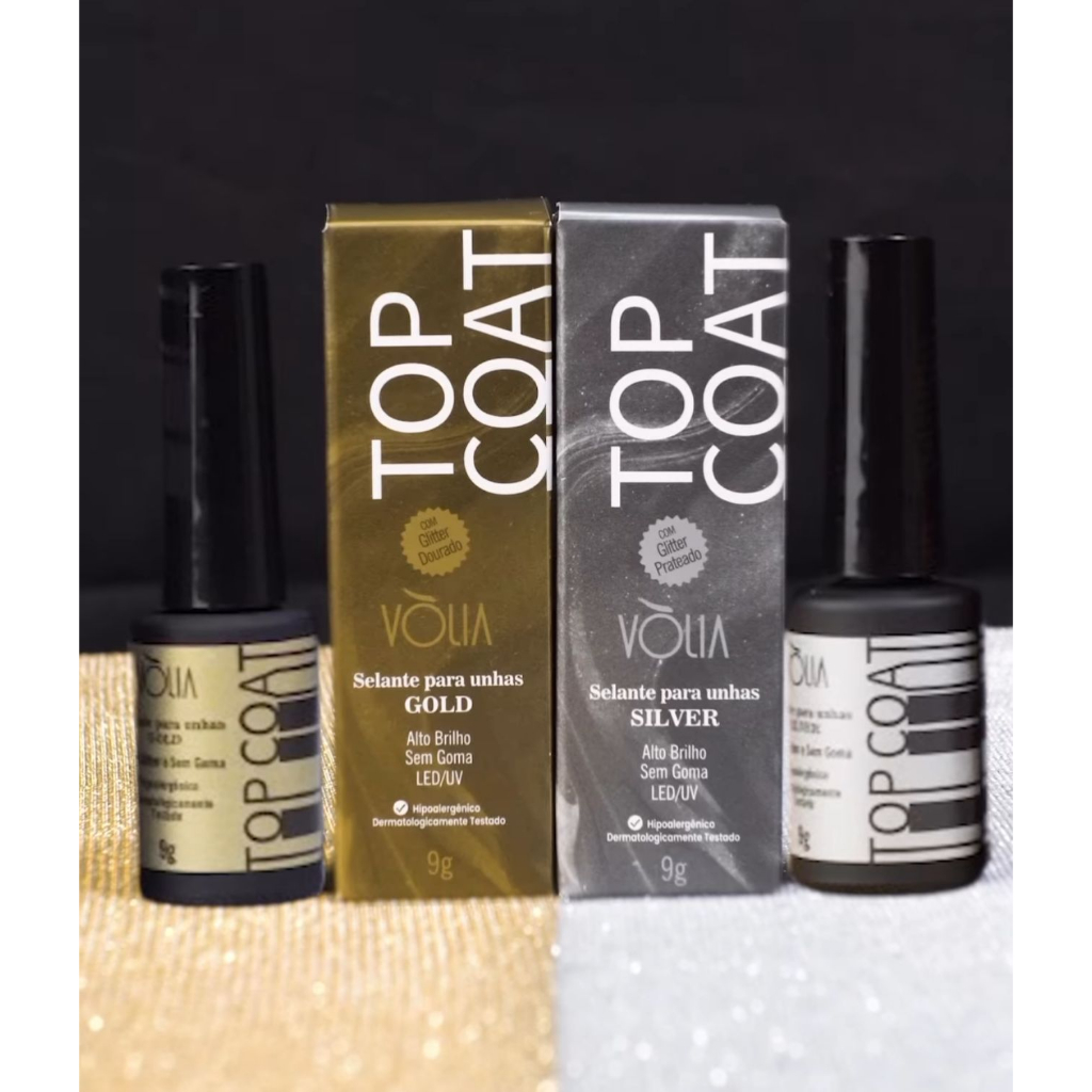 Kit VOLIA Top Coat Glitter Prata Volia + Top Coat Glitter Gold Selante Glitter Volia