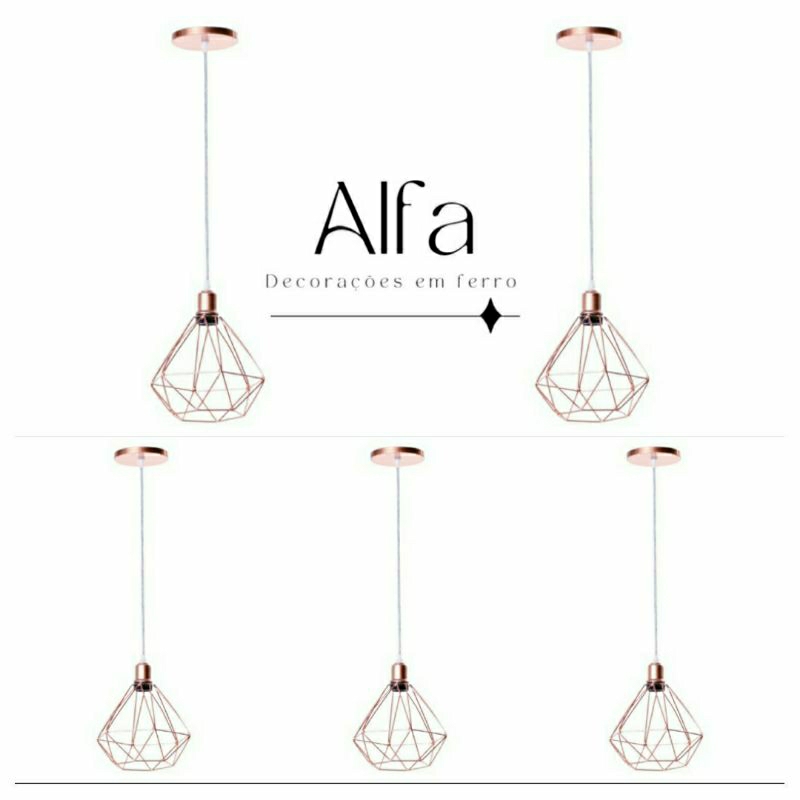 kit 5 Pendente Diamante Aramado Rosê Gold Cabo Cristal
