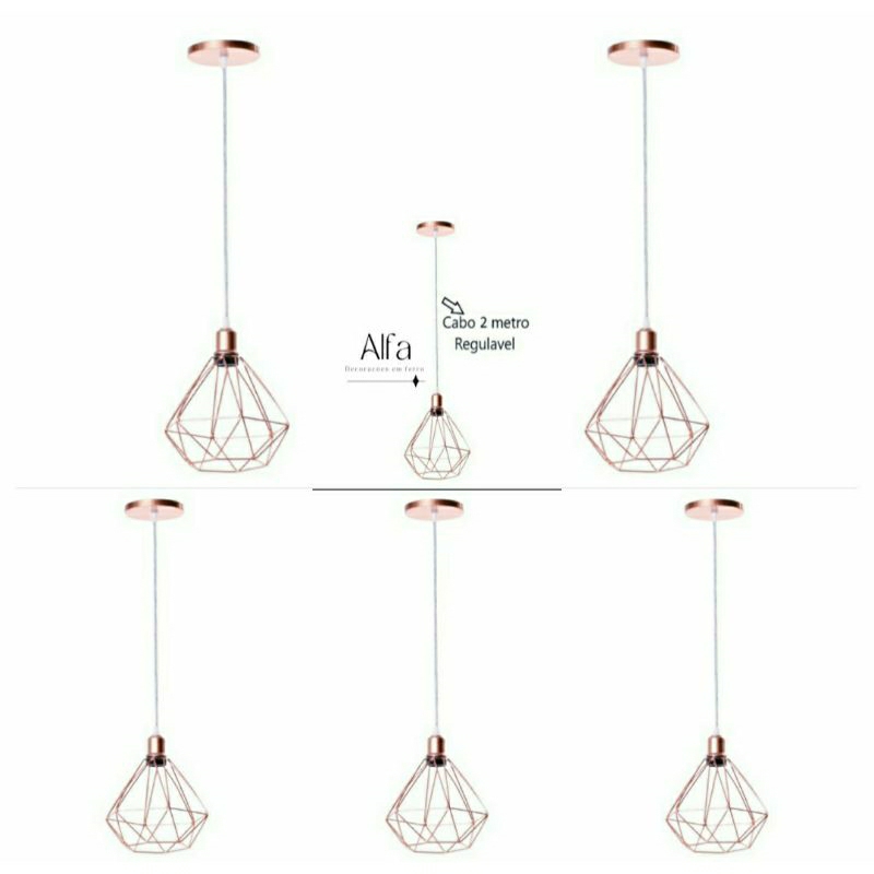 kit 6 Pendente Diamante Aramado Rosê Gold Cabo Cristal