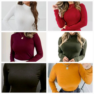 Blusa Basica Feminina Cacharrel/Gola Alta Malha Canelada MANGA LONGA