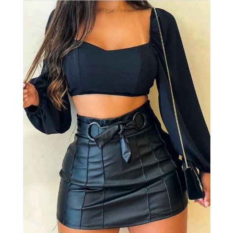 Short Saia Couro Fake Ecológico Preto com Cinto Argola Feminino em Oferta na Shopee