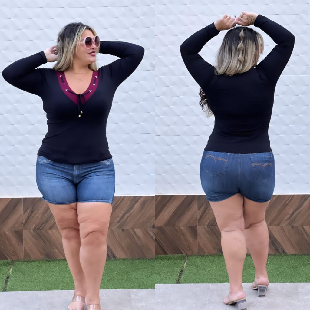 Achadinhos da shopee Blusa de manga Longa Plus Size com detalhes em viés na gola