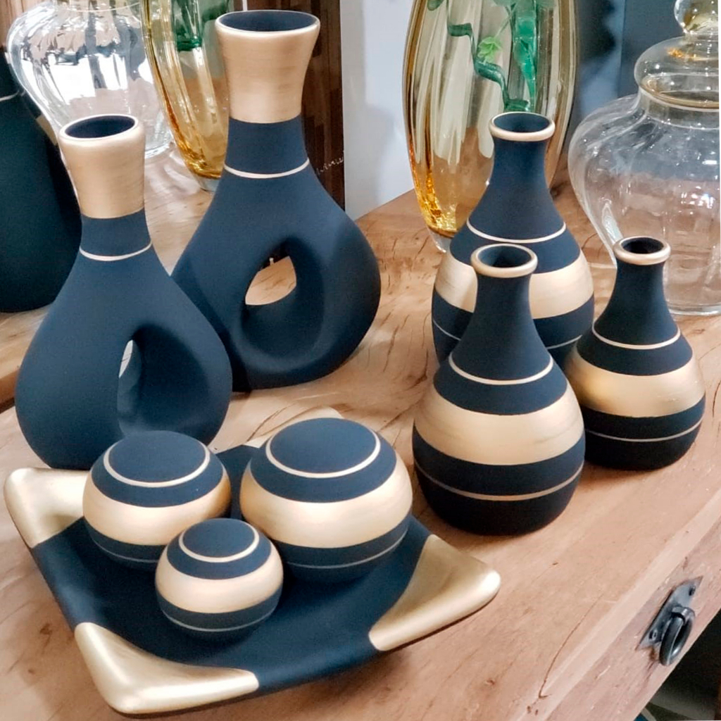 Conjunto 9 Peça Jogo cerâmica Kit Trio Vaso Enfeite Decorativo rack Garrafa Estilizada Decora jarro