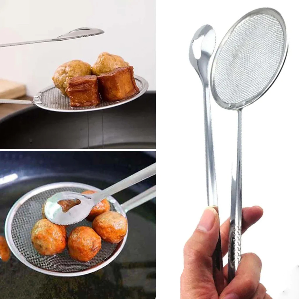Escumadeira Para Pegar Fritura Em Inox Pegador Com Escorredor Grade De Óleo Quente Prático Cozinha - Home & Living