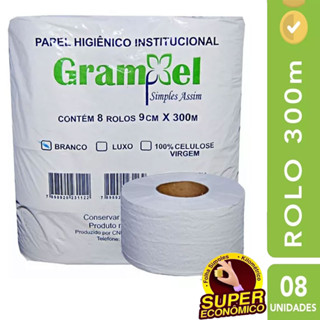 Papel Higiênico Rolão 300 Metros com 8 Rolos Institucional  Econômico Para Banheiro Folha Simples