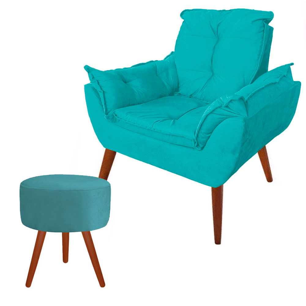 Poltrona Opala Suede Cores Pé Palito + Puf Cores Pés Palito