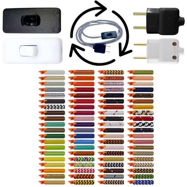 Kit Monte Seu Rabicho PP Revestido em Tecido 1,50mt Cabo + Interruptor Abajur + Plug Macho - Pronta Entrega