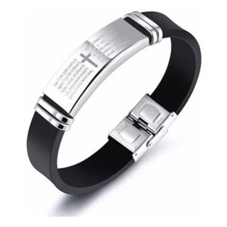 Pulseira masculina ajustavel Pai nosso Borracha resistente Prata