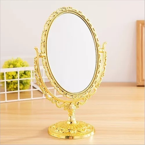 Espelho De Mesa Princesa Maquiagem Dupla Face Zoom Dourado Oval 25 cm