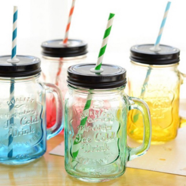 Copo Caneca Pote Vidro Ice Cold C/ Canudo Tampa 450ml