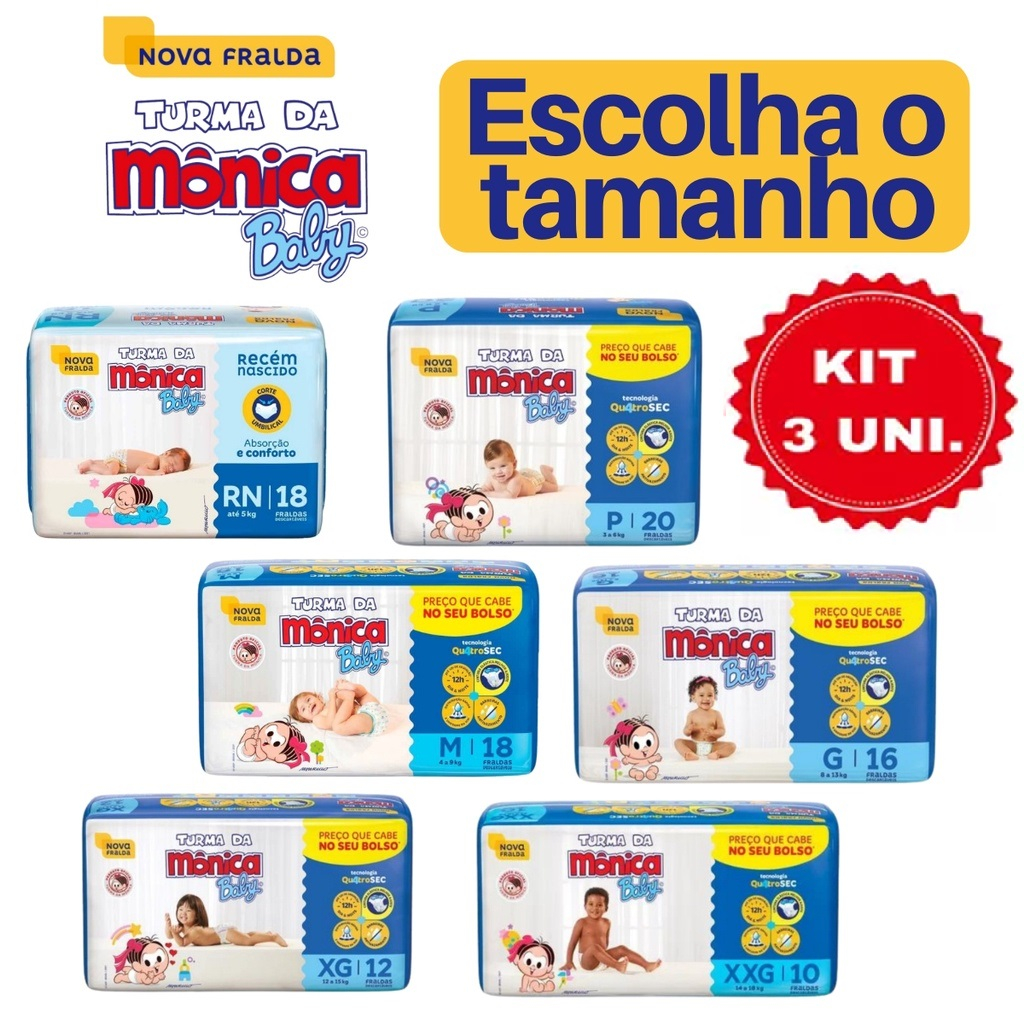 Kit 3 pct Fralda Turma da Mônica Baby  RN  |  P  |  M  |  G  |  XG  |  XXG