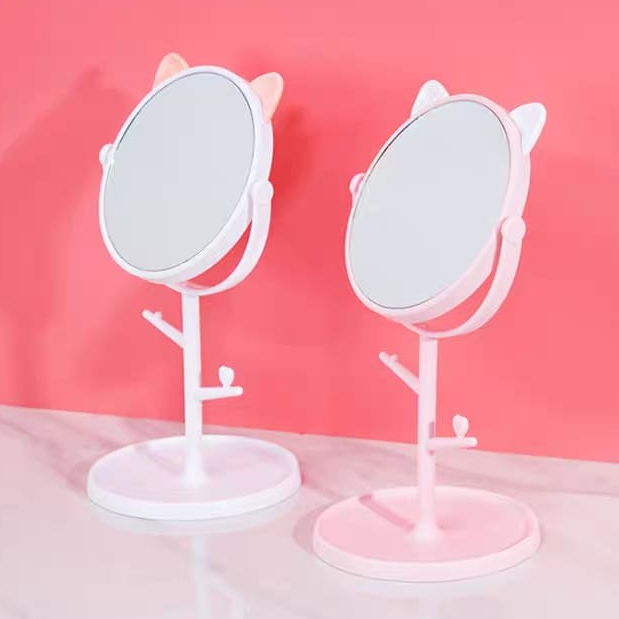 Espelho de mesa penteadeira orelinha de gatinho com porta maquiagens e bijuterias