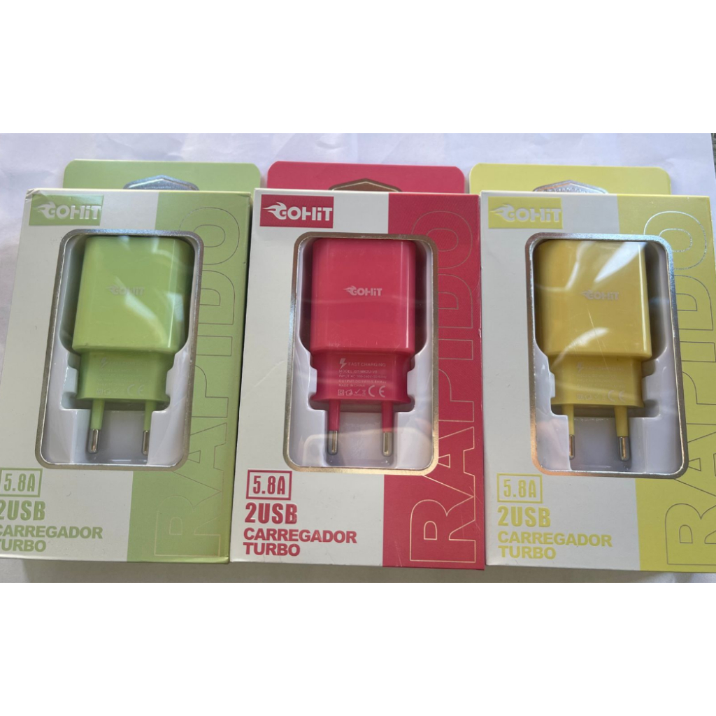 Caixinha Carregador turbo 2USB 5.8A Colorido, duas entradas usb