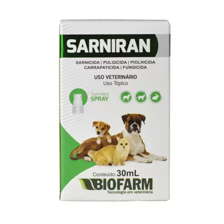 Sarniran Sarnicida Pulgicida Piolhicida Carrapaticida Fungicida Spray 30ml Animais Variados - Biofarm