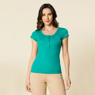 Camiseta T-shirt Blusa Feminina Manga Curta Botões Abrem/tecido Malha Algodão Canelada Moda Verão