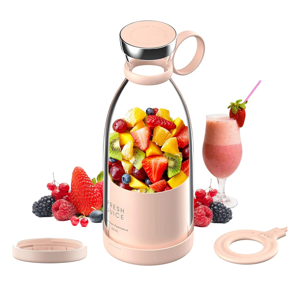 Mini Liquidificador Portátil 350ml - Fresh Juice Carregador Wireless - Elétrico Recarregável - Rosa e Branco