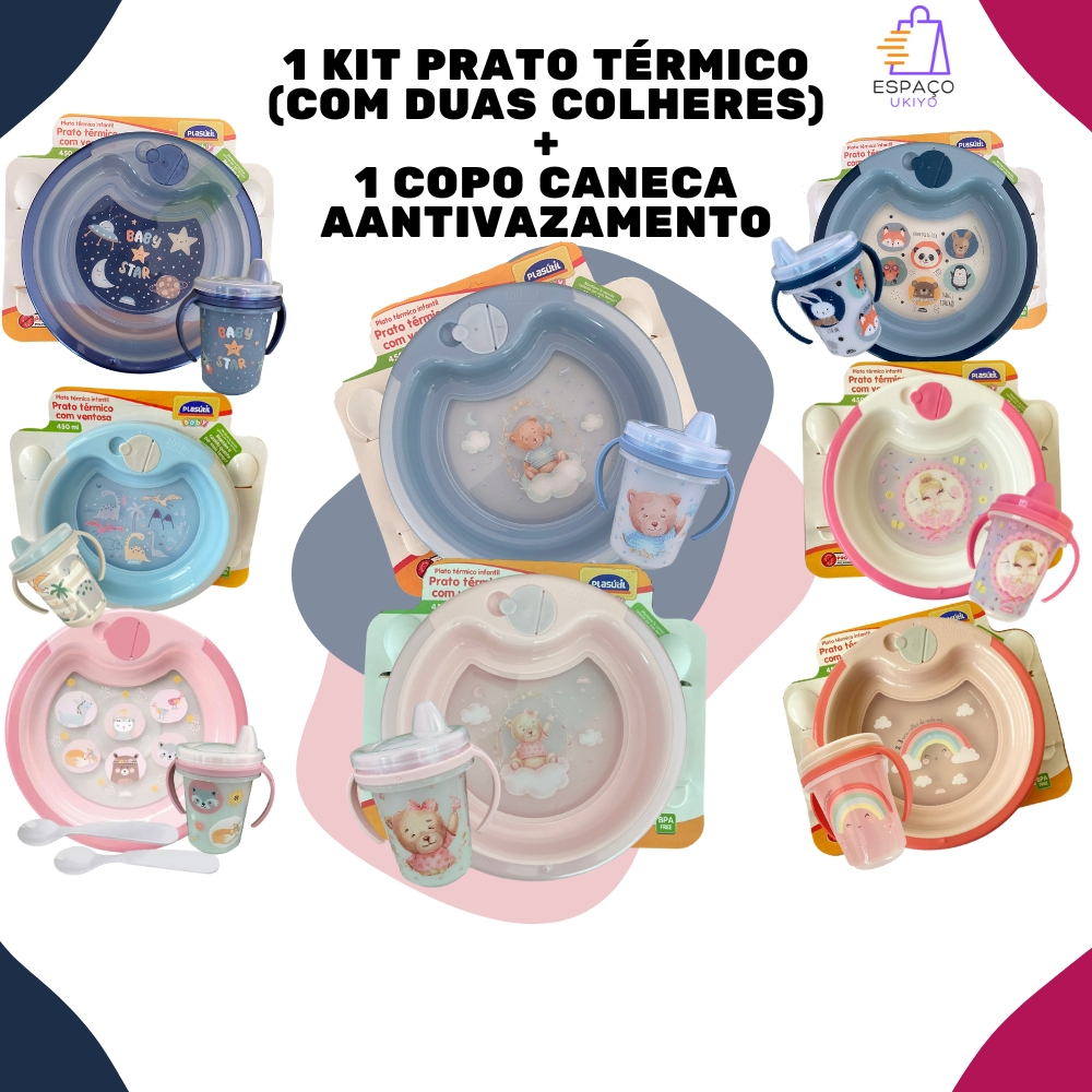 Kit Prato Térmico Antibacteriano com Ventosa e Copo Caneca Transição alimentar com alça Antivazamento Infantil