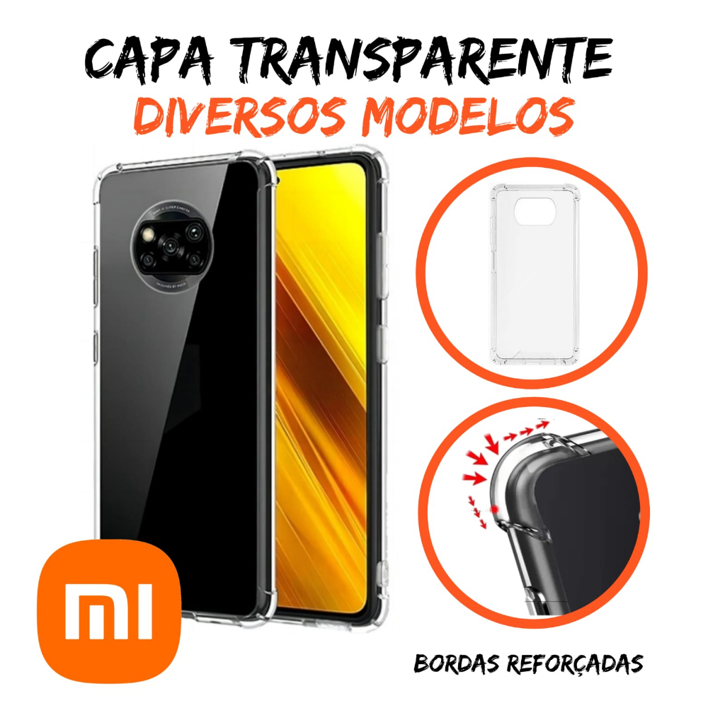 Capa Transparente com borda Anti Impacto Xiaomi LINHA POCO Poco F3 / Poco F4 / Poco M3 / Poco M3 Pro / Poco M4 / Poco M4 Pro / Poco M5 / Poco M5s / Poco X3 / Poco X3 Pro/ Poco X4 / Poco X4 GT / Poco X4 Pro / Poco X5 / Poco X5 Pro