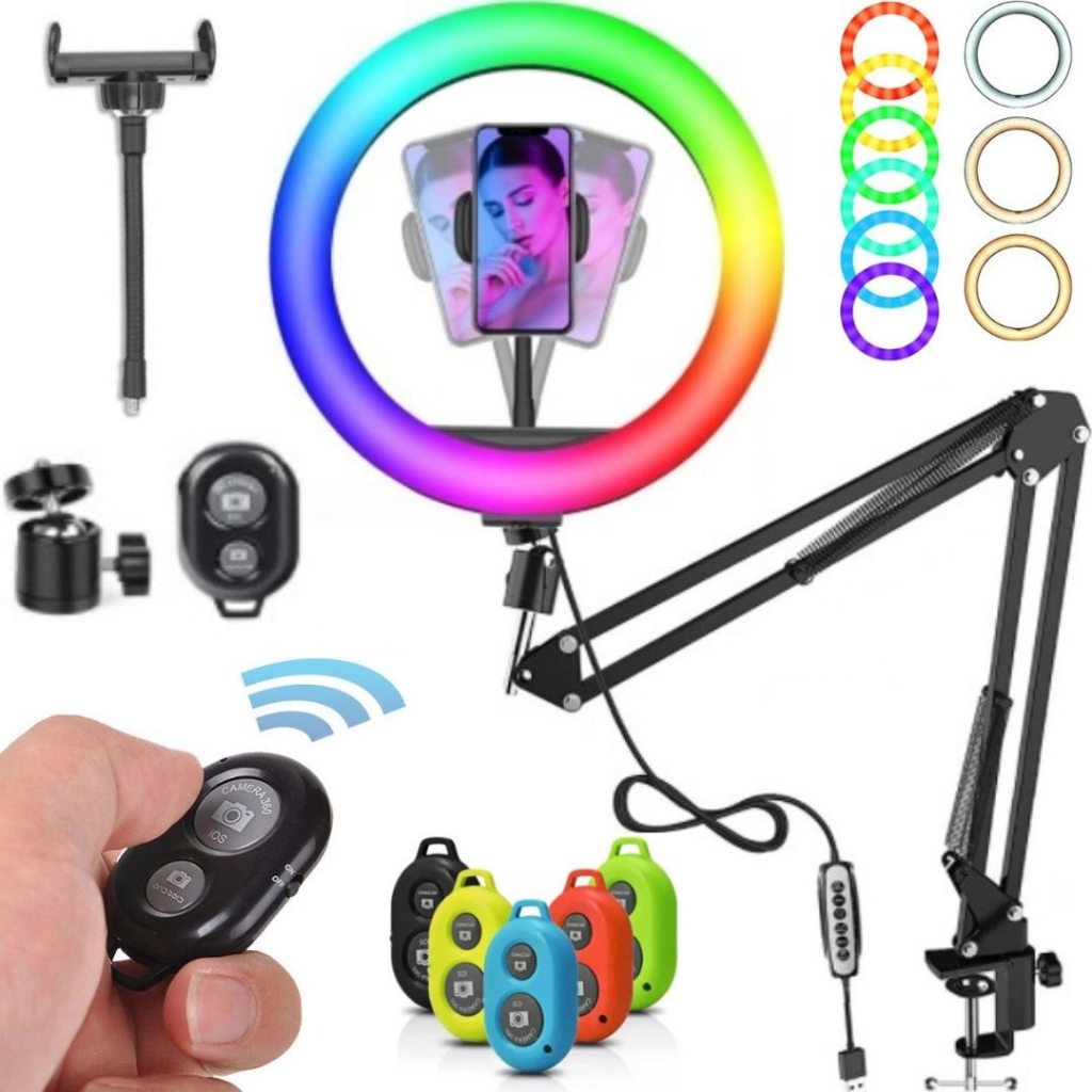 Ring Light De Mesa Articulada Luz Led Rgb Colorido Suporte Braço Flexível Celular Foto Vídeo