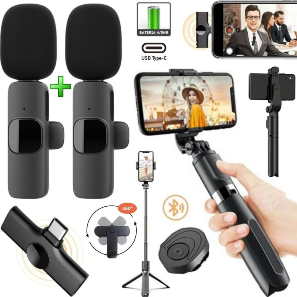 Bastão Para Celular Gravação Vídeo Microfone Sem Fio Duplo Usb-C Tipo-C Profissional