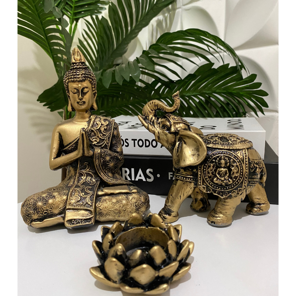 Imagem Kit Estátua De Buda + Castiçal Flor de Lotus + Elefante Indiano Promocional Dourado Prata