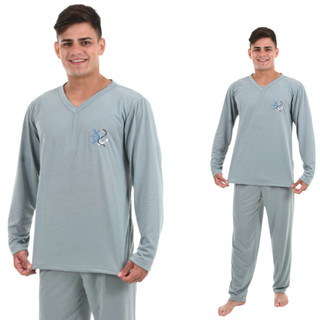 Pijama masculino malha adulto pijama frio manga longa inverno pijama Longo blusa comprida calça