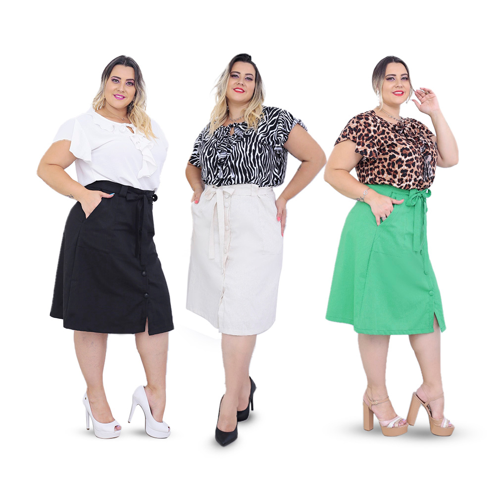 Saia de Linho MIDI com bolsos, e botão forrado P, M, GG, G1, G2 e G3 em Oferta na Shopee