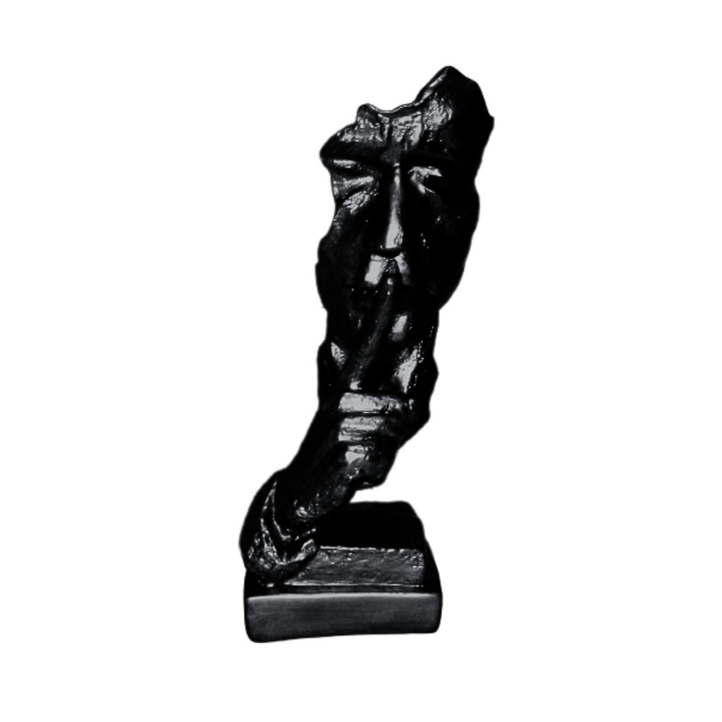 Estatueta pantera negra Pensador Em Sinal De Silêncio 33 cm gesso - Linha luxo ônix negro - escultura Face Abstrata