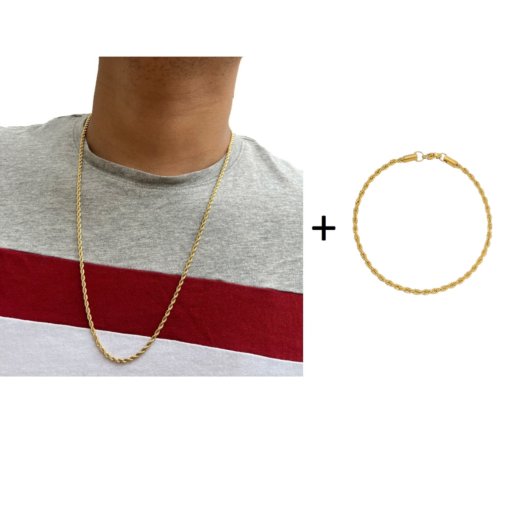 Colar Masculino Corrente Cordão Baiano Banhada 2mm Fina + Pulseira