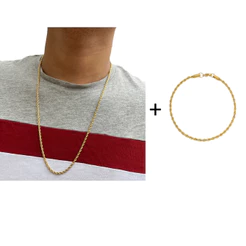 Colar Masculino Corrente Cordão Baiano Banhada 2mm Fina + Pulseira