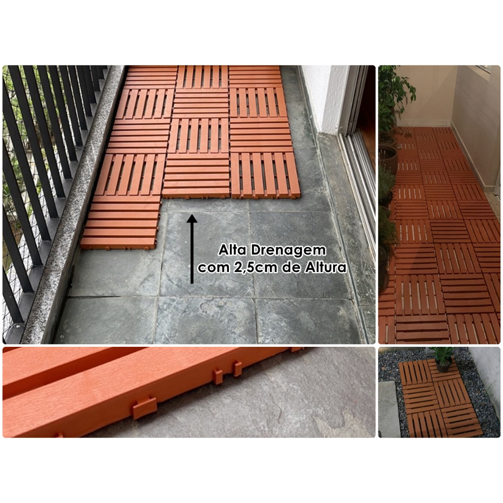 KIT 6 un Deck modular 30x30 textura madeira plástico encaixe modular Decks Piscina Jardim Banheiro Sauna